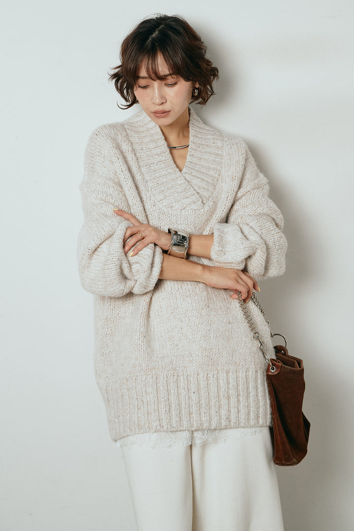 [SET]Vネックラメニットトップス+裏起毛スウェットワイドパンツ(2set)