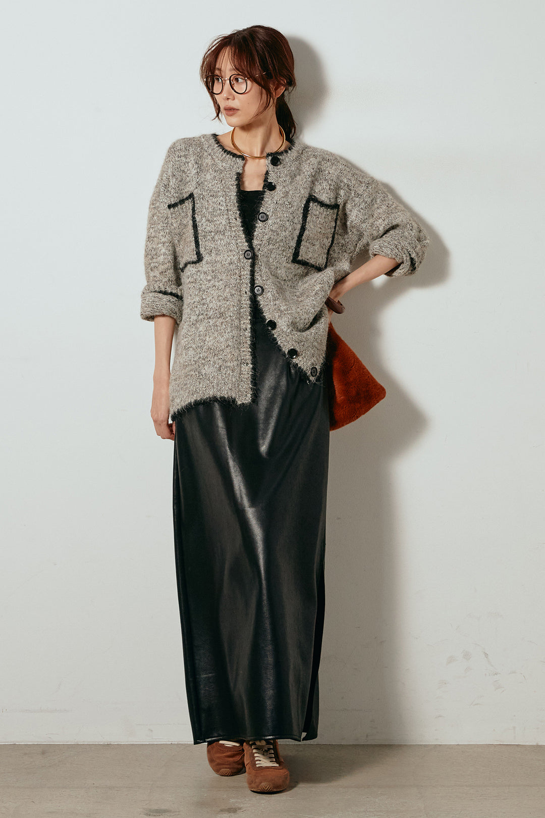 [SET]ミックスニットポケットカーディガン+紐付きフェイクレザーワイドスカート(2set)