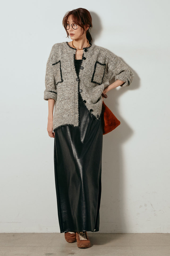 [SET]ミックスニットポケットカーディガン+紐付きフェイクレザーワイドスカート(2set)