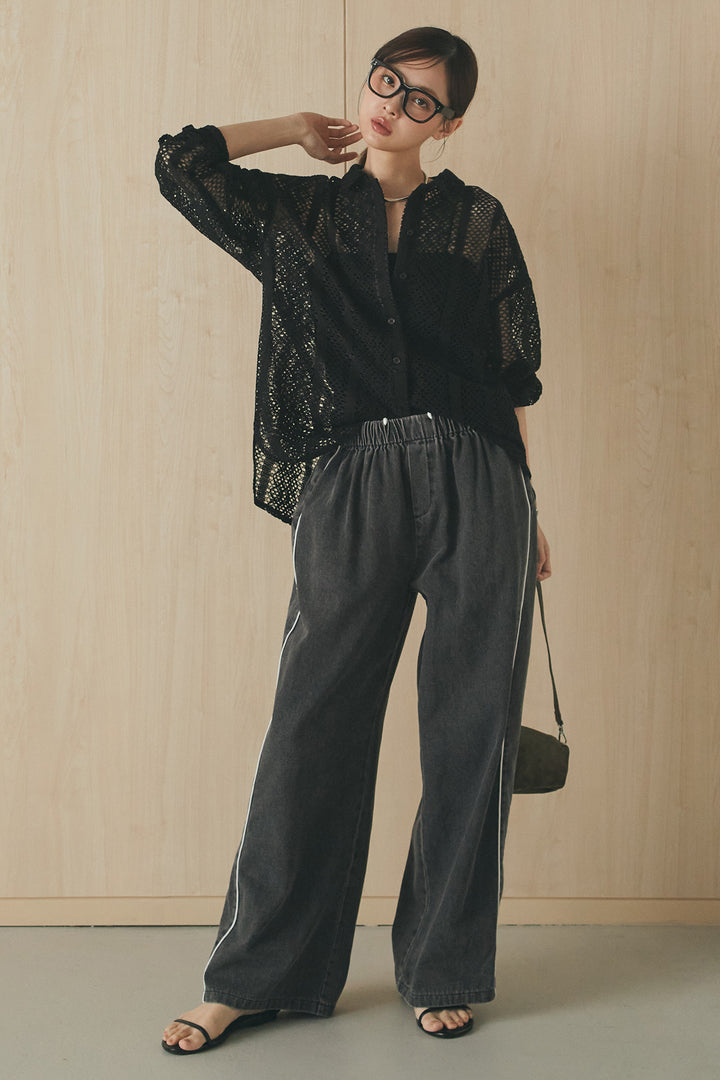 [SET]長袖襟付きレースシャツ+ドロストサイドラインデニムパンツ(2set)