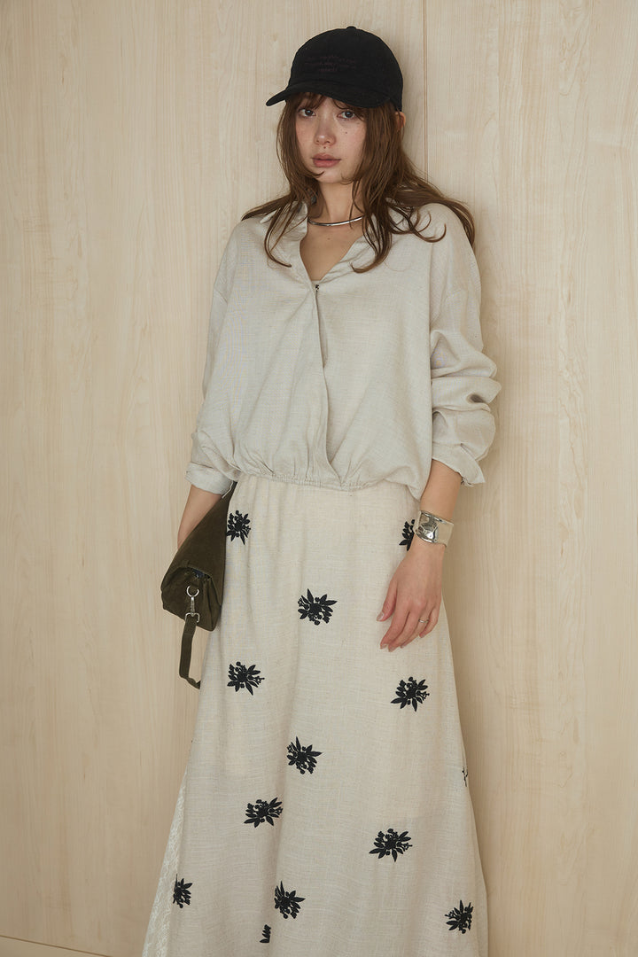 [SET]麻混襟付きトップス+レースコンビフラワー刺繍柄スカート(2set)