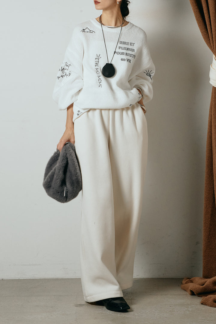[SET]刺繍ロゴランダムデザインニットトップス+裏起毛スウェットワイドパンツ(2set)