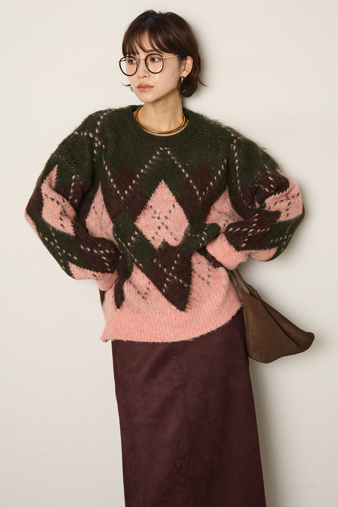 [SET]配色アーガイル柄ニットトップス+スウェードライク裾フリンジスカート(2set)