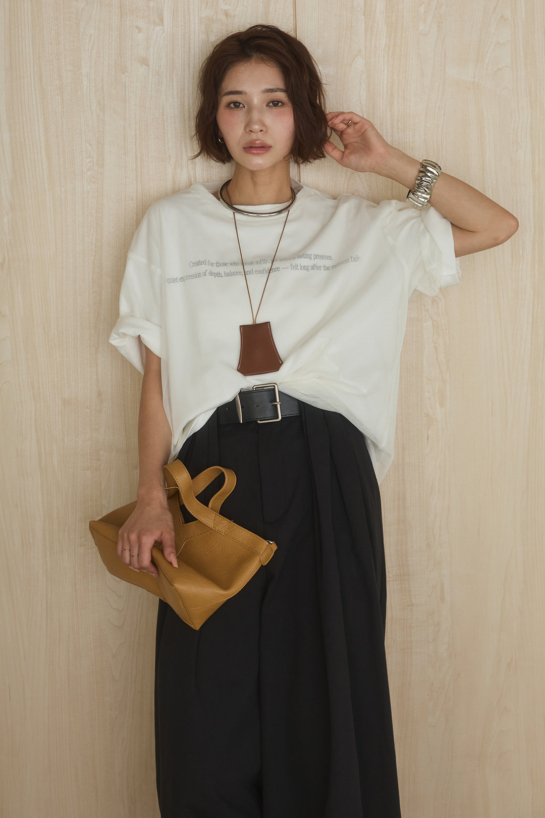 [SET]綿天竺Tシャツ×チュールトップス+ベルト付きビックループワイドパンツ(2set)