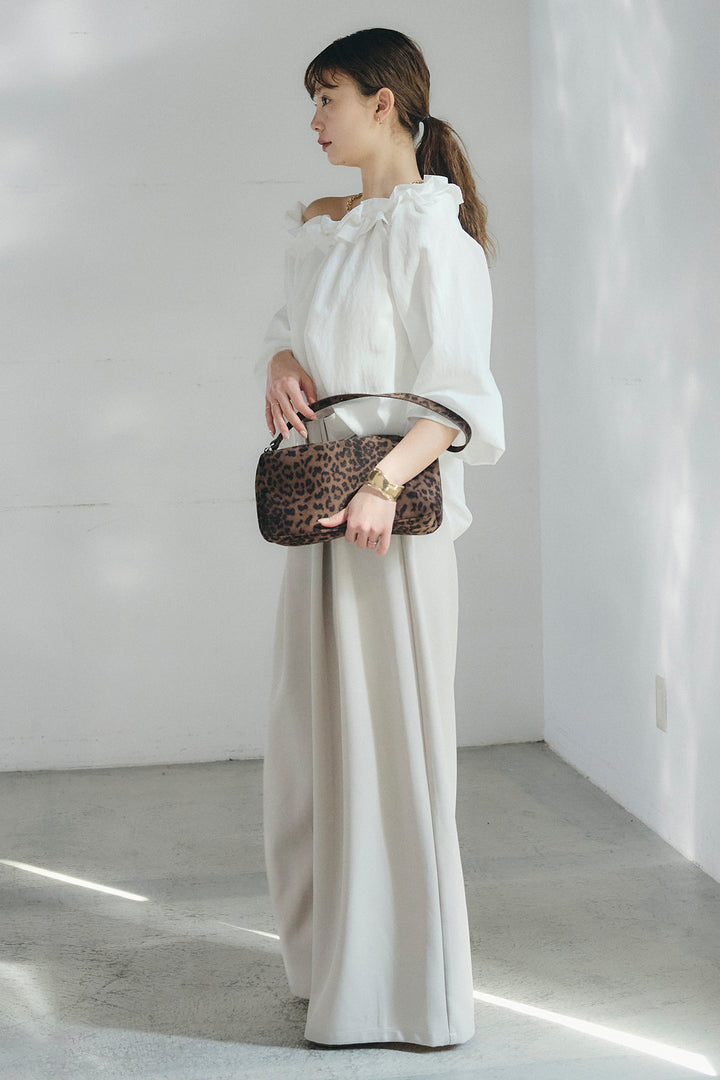 [SET]ネックフリルデザインブラウス+ベルト付きツータックワイドパンツ(2set)