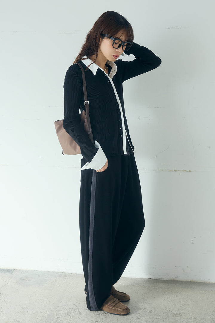 [SET]シャツドッキングボタンニットカーディガン+異素材切り替えスウェットパンツ(2set)