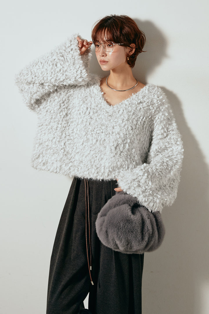 [SET]深Vネックチョウチョヤーンニットトップス+細フェイクレザーベルト付きワイドタックパンツ(2set)