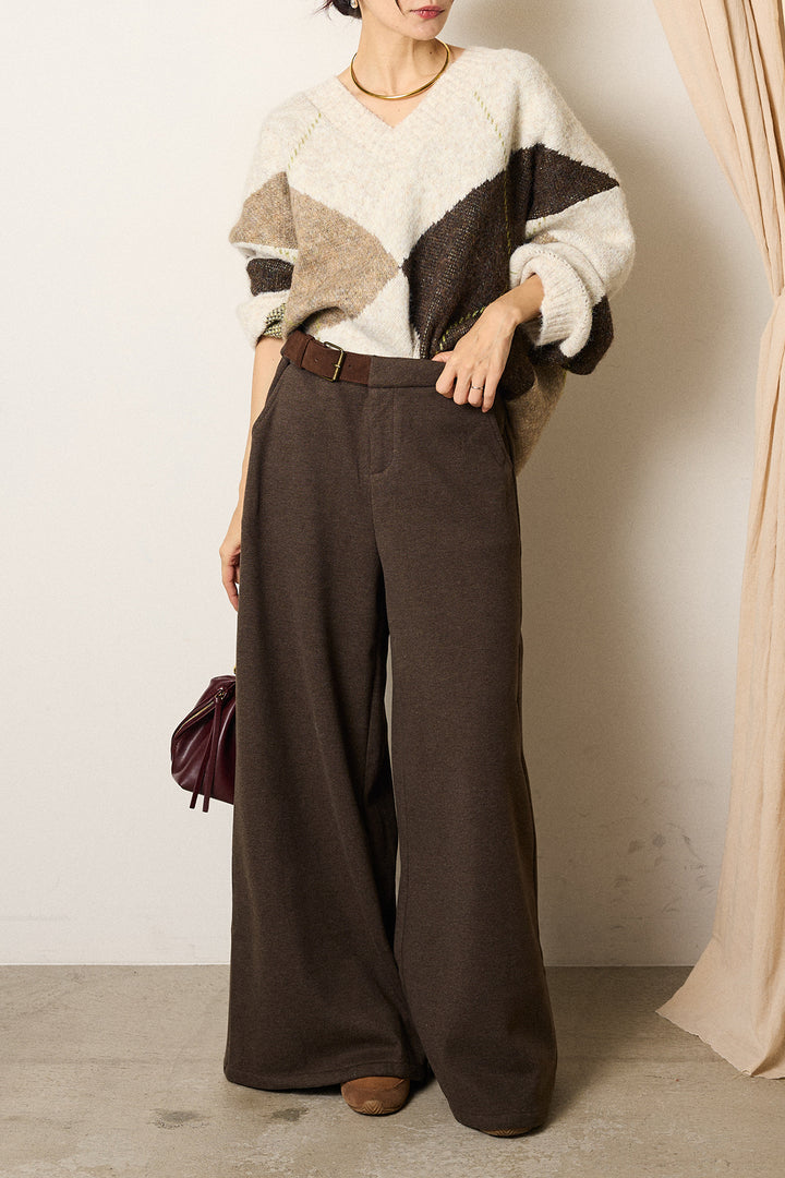 [SET]ルーズアーガイルVネックニット+サイドベルトパンツ(2set)