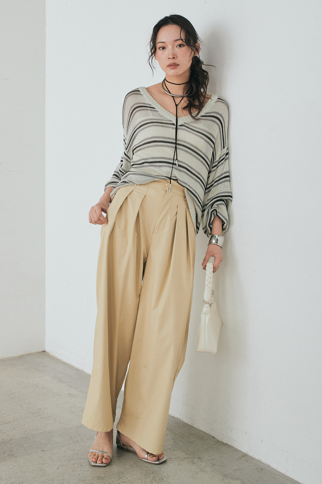 [SET]綿タッチVネックボーダートップス+ウォッシャブルエコレザータックパンツ(2set)