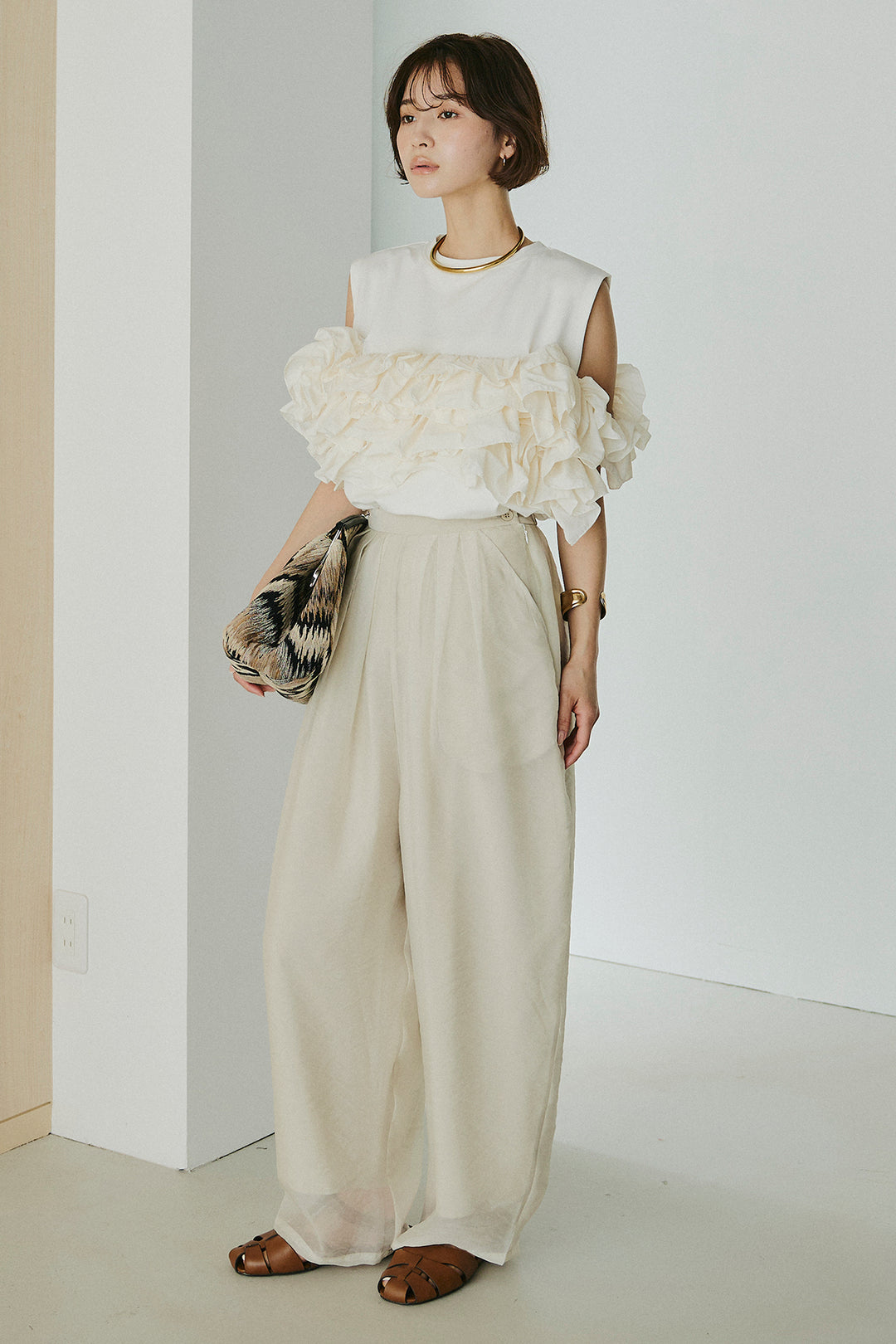 [SET]天竺ナイロンドッキングビスチェ風トップス+オーガンジータックパンツ(2set)