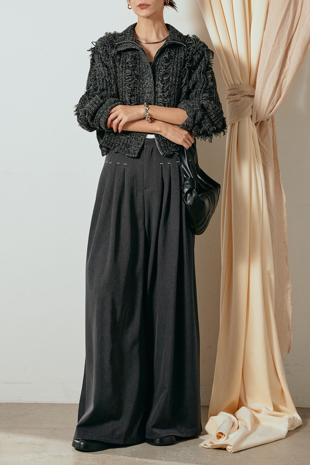 [SET]ハイネックフリンジジップニットトップス+ウエストステッチデザインワイドスラックス(2set)