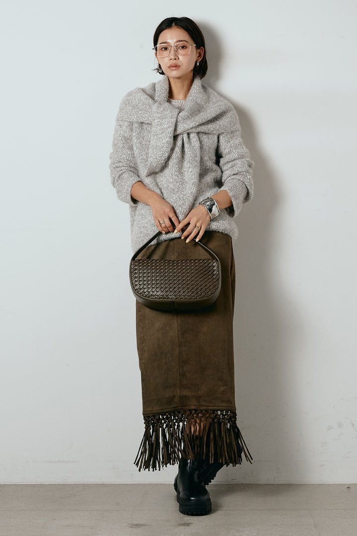 [SET]スカーフ付きミックスニットトップス+スウェードライク裾フリンジスカート(2set)