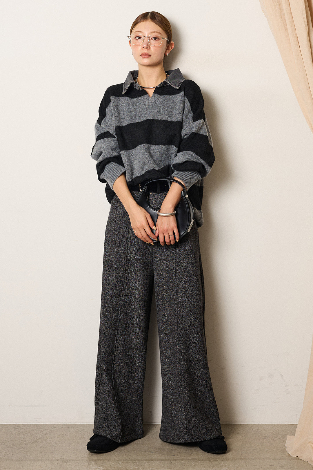 [SET]デニムカラーボーダールーズニット+太ベルト付きツイードワイドパンツ(2set)