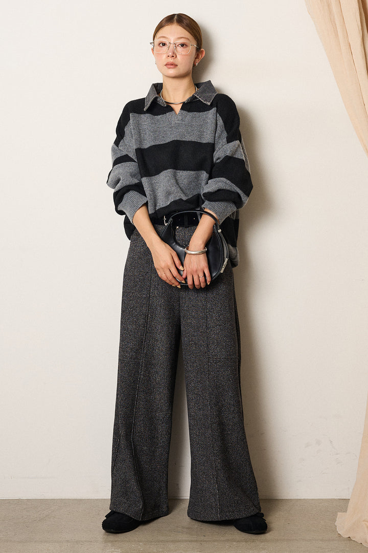 [SET]デニムカラーボーダールーズニット+太ベルト付きツイードワイドパンツ(2set)