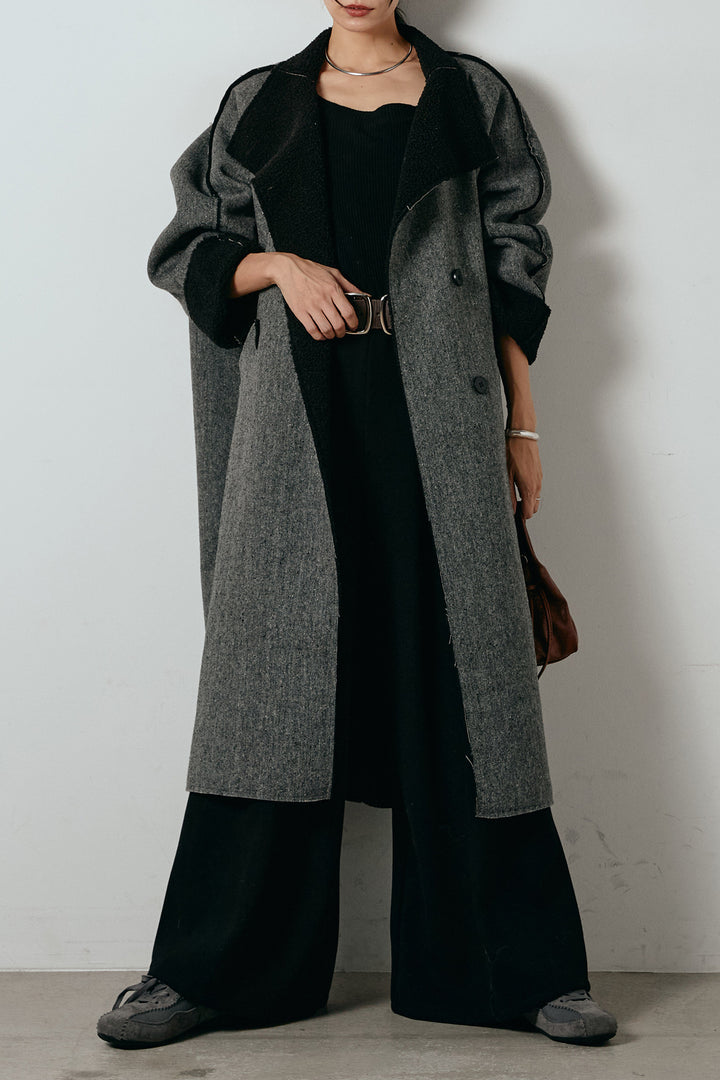 [SET]裏地ボアハイネックロングアウター+フェイクレザー太ベルト付きタックワイドパンツ(2set)