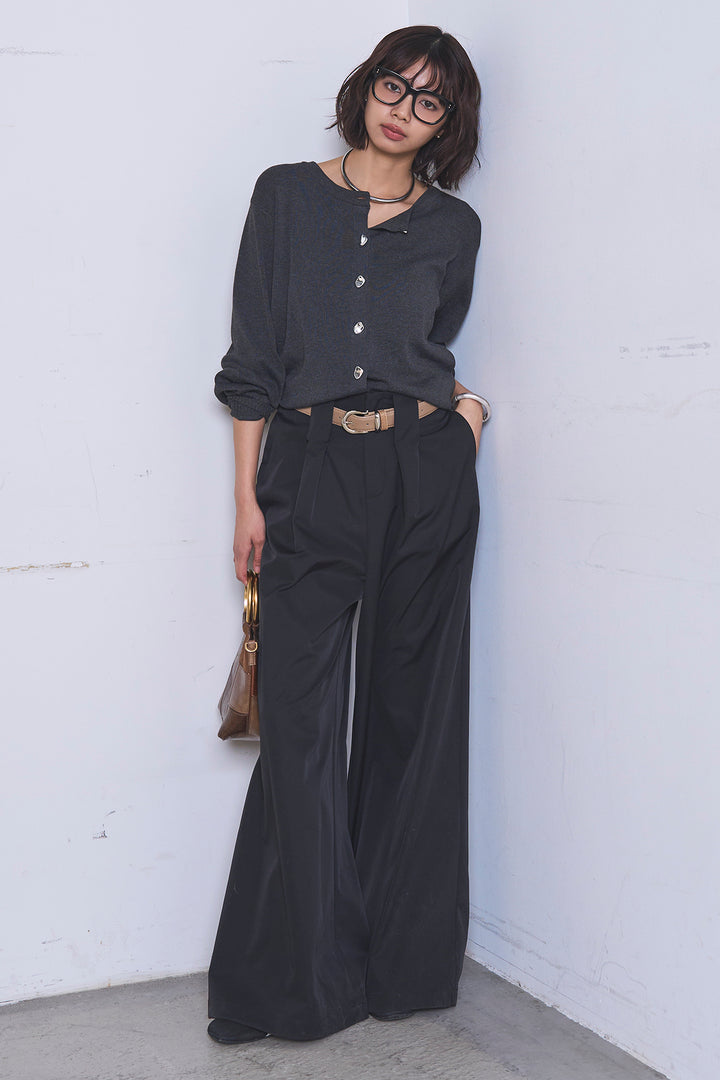 [SET]リサイクルポリニュアンス釦カーデ+ベルトループデザインハイウエストタックパンツ(2set)