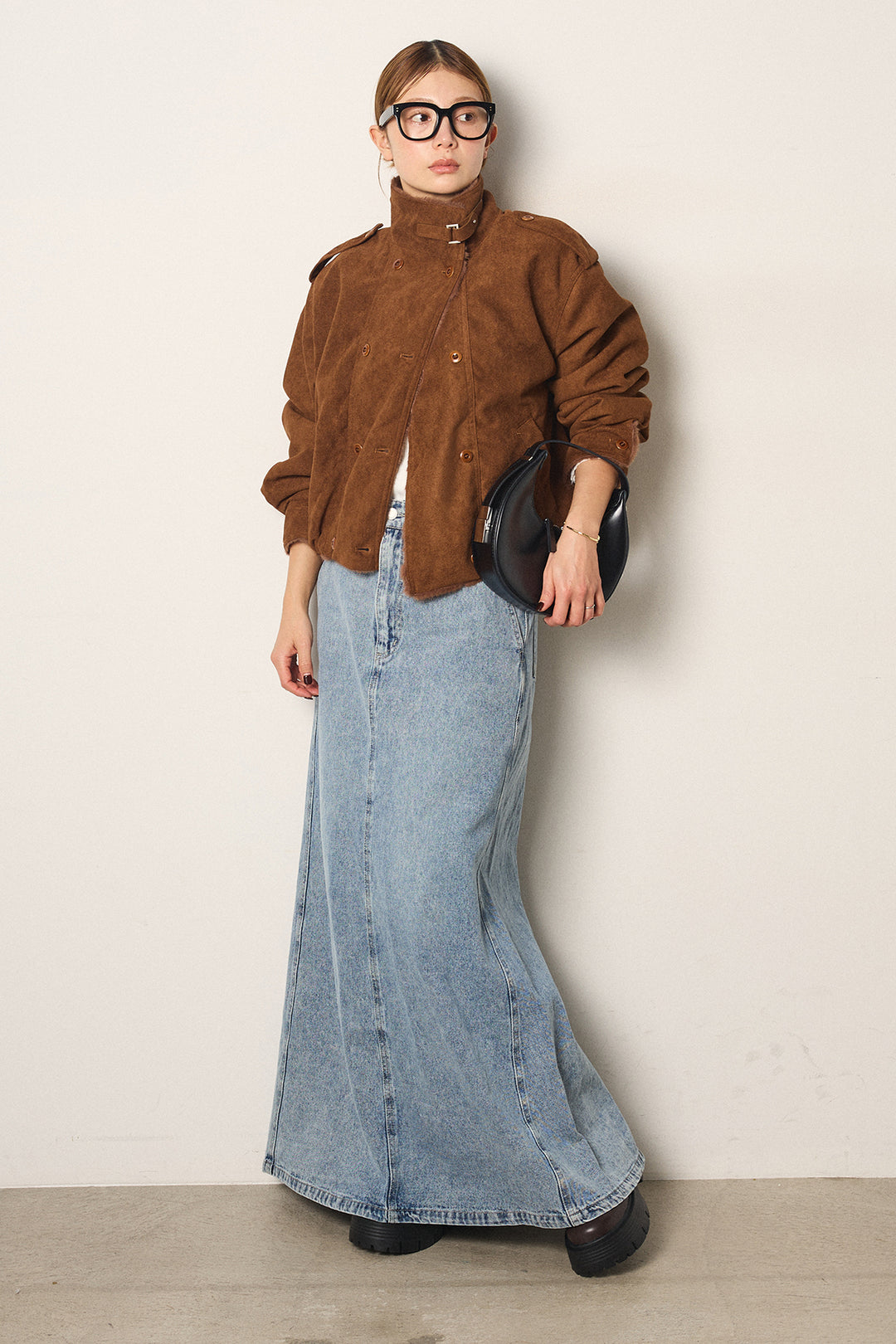 [SET]スタンド襟スウェードライクアウター+デニムロングフレアスカート(2set)