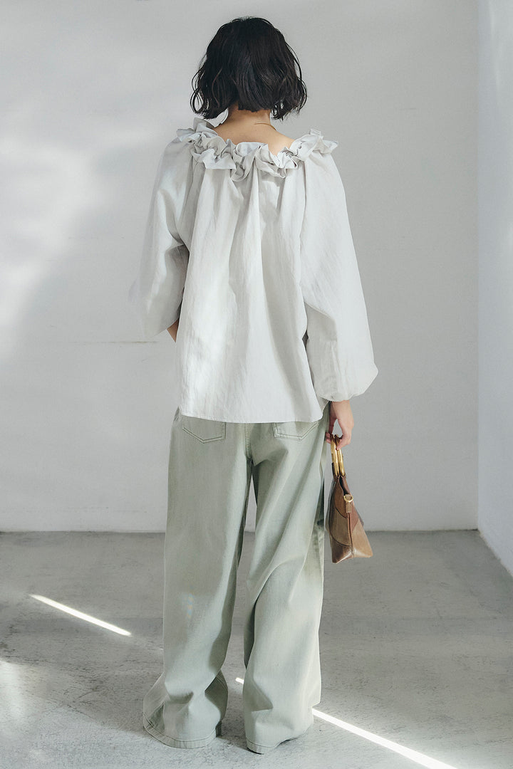 [SET]ネックフリルデザインブラウス+ウエスト裁ち切りデニムワイドパンツ(2set)