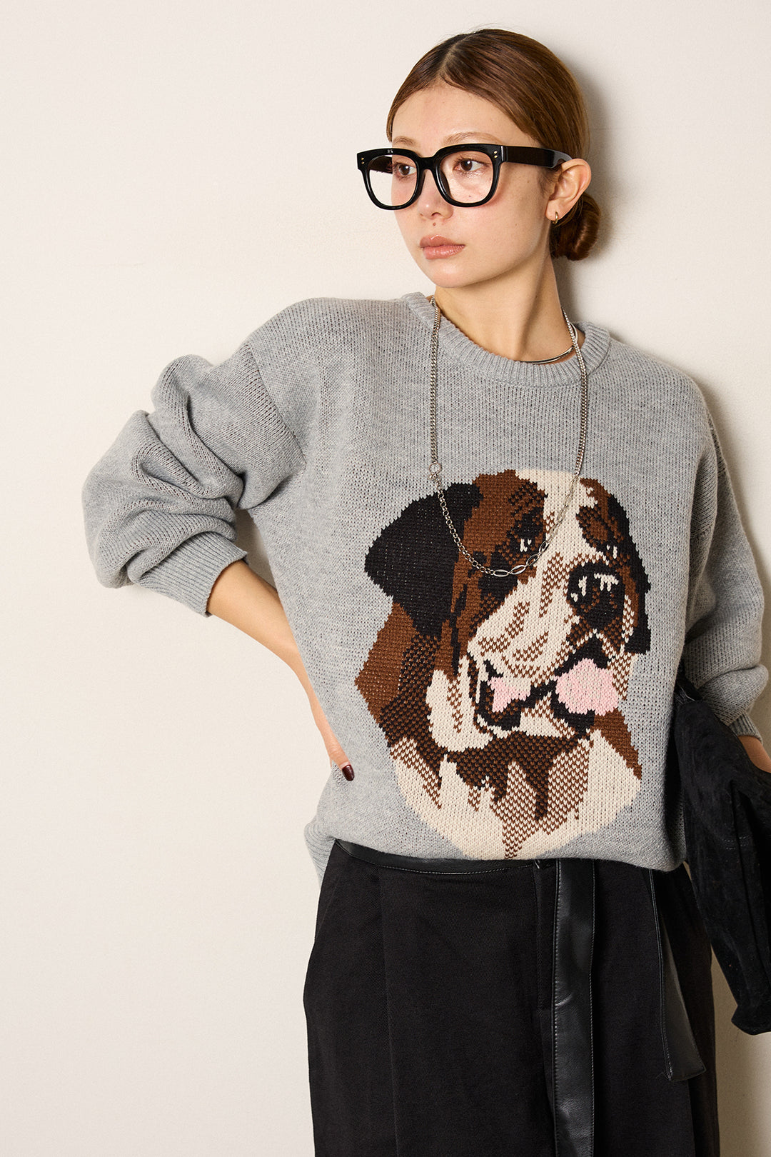 [SET]アニマルジャガード柄ニットトップス+巻ベルトウエストレザーライクワイドパンツ(2set)