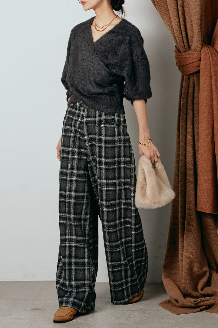 [SET]シャギーカシュクールニットトップス+ルーズタータンチェックワイドパンツ(2set)