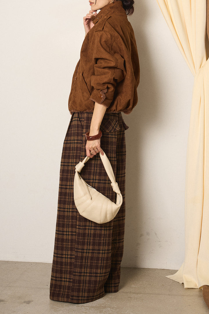 [SET]スタンド襟スウェードライクアウター+スタッズデザインベルトタータンチェックパンツ(2set)