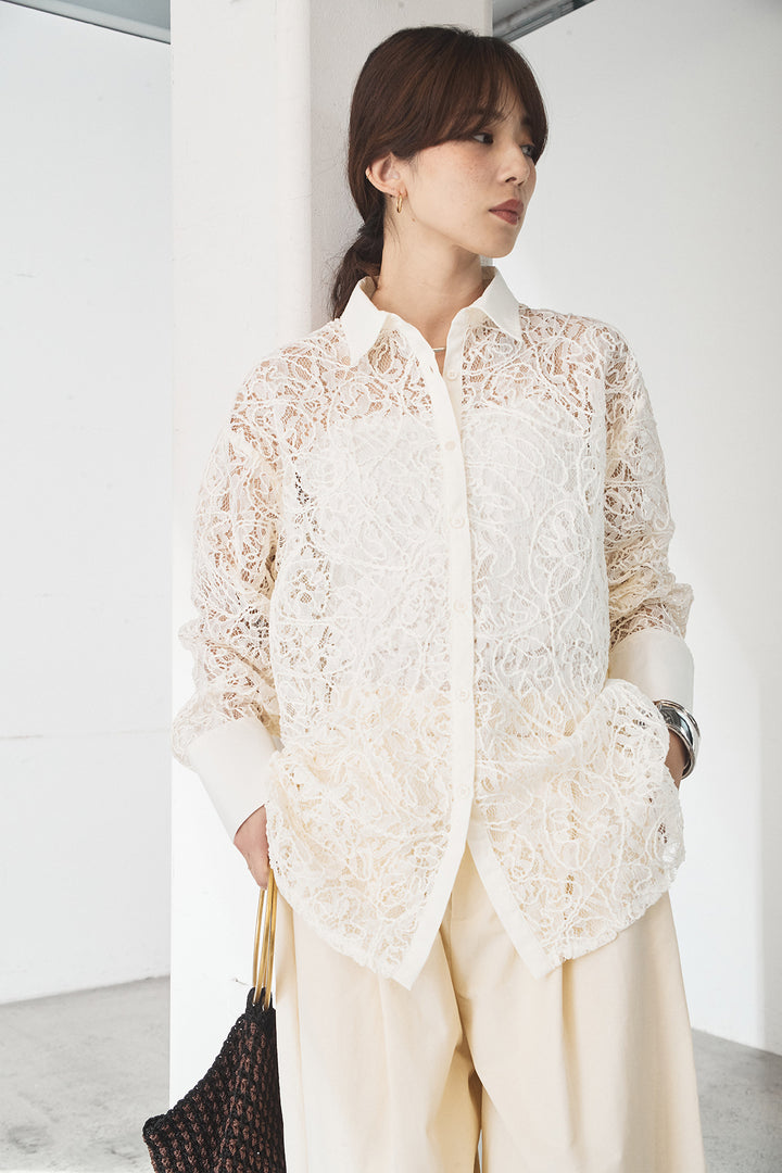 [SET]刺繍レースオーバーサイズシャツ+合繊ツイルパイピングタックカーブパンツ(2set)