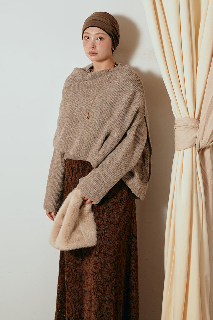 [SET]ケープデザインリブニットトップス+花柄刺繍ベロアフレアスカート(2set)