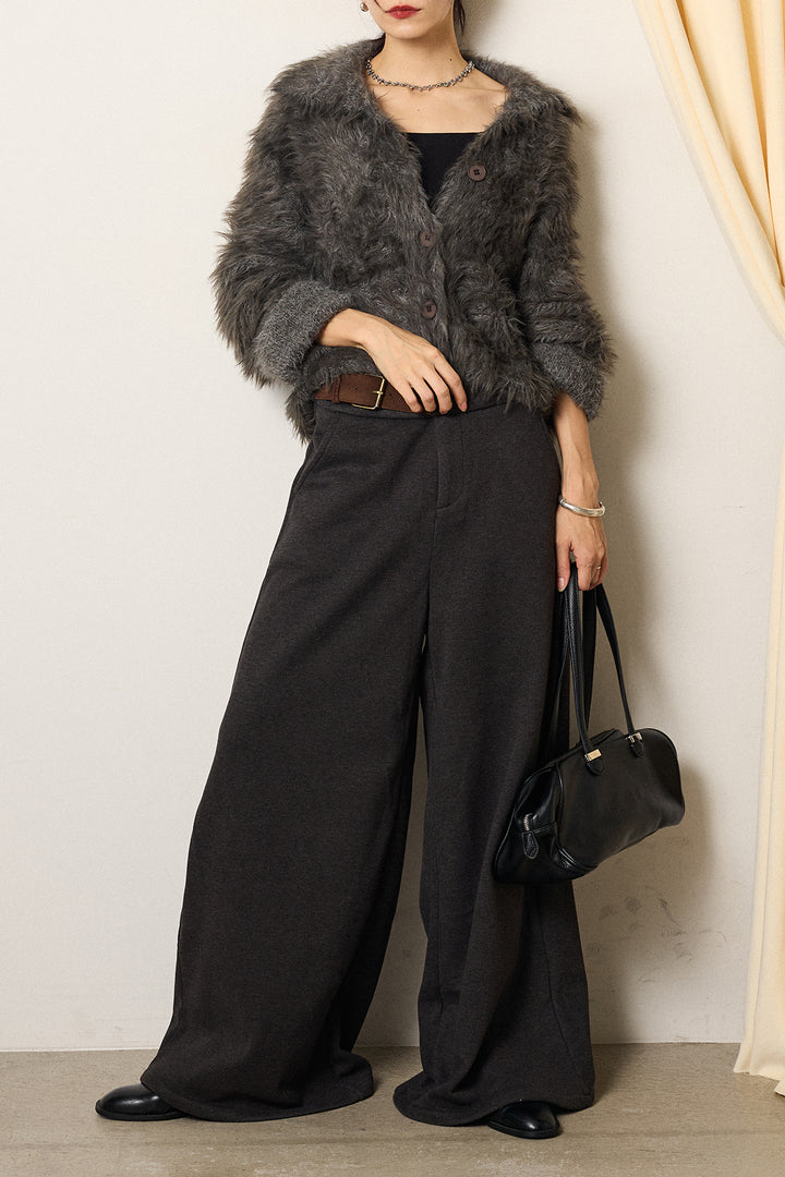 [SET]襟付きシャギーニットカーディガン+サイドベルトパンツ(2set)