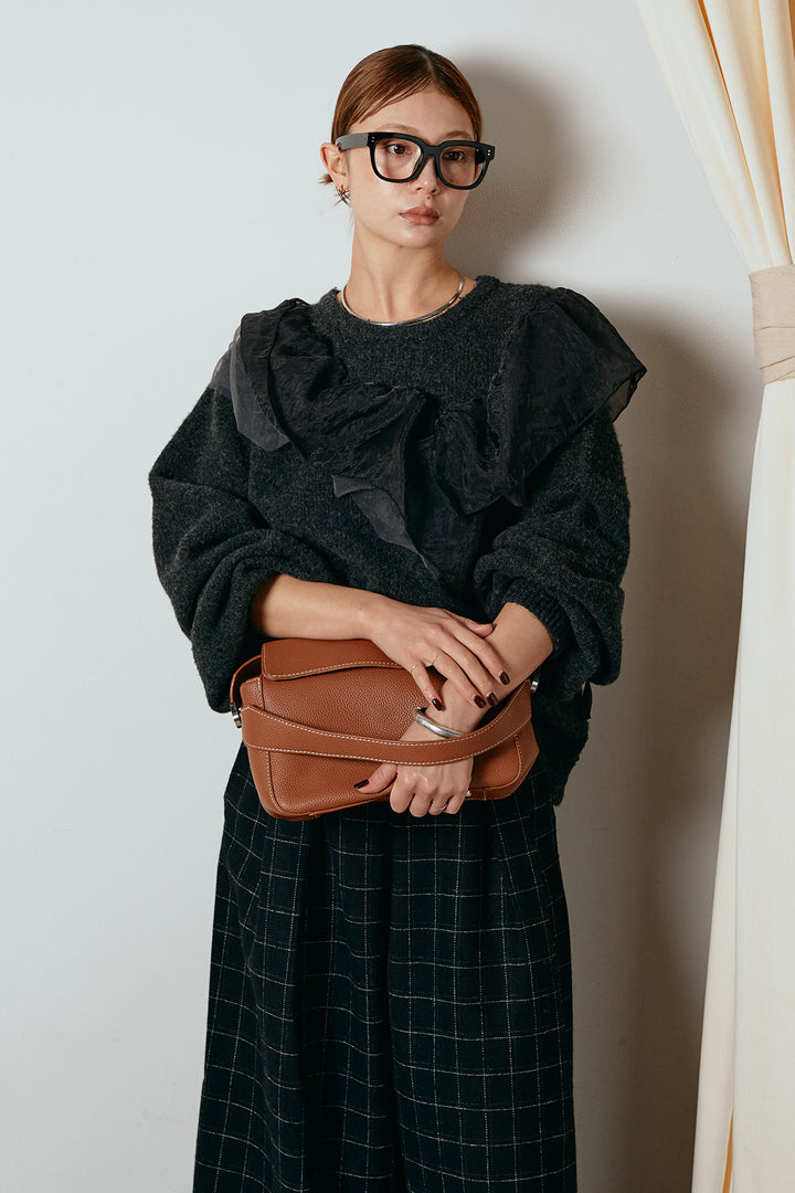 [SET]アシンメトリーフリルニットトップス+ウールライクチェックタックパンツ(2set)