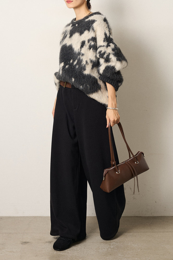 [SET]モヘアタッチマーブルニット+サイドベルトパンツ(2set)
