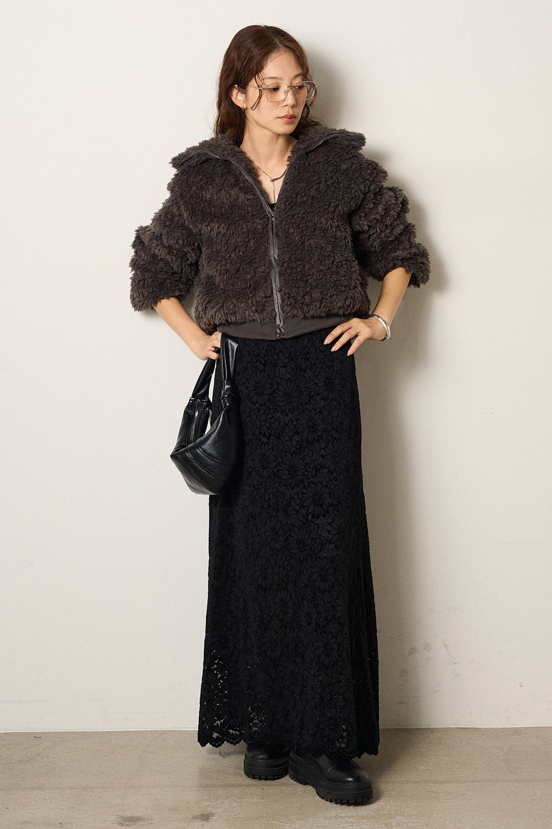 [SET]スタンドカラー裾リブボアブルゾン+花柄刺繍ベロアフレアスカート(2set)