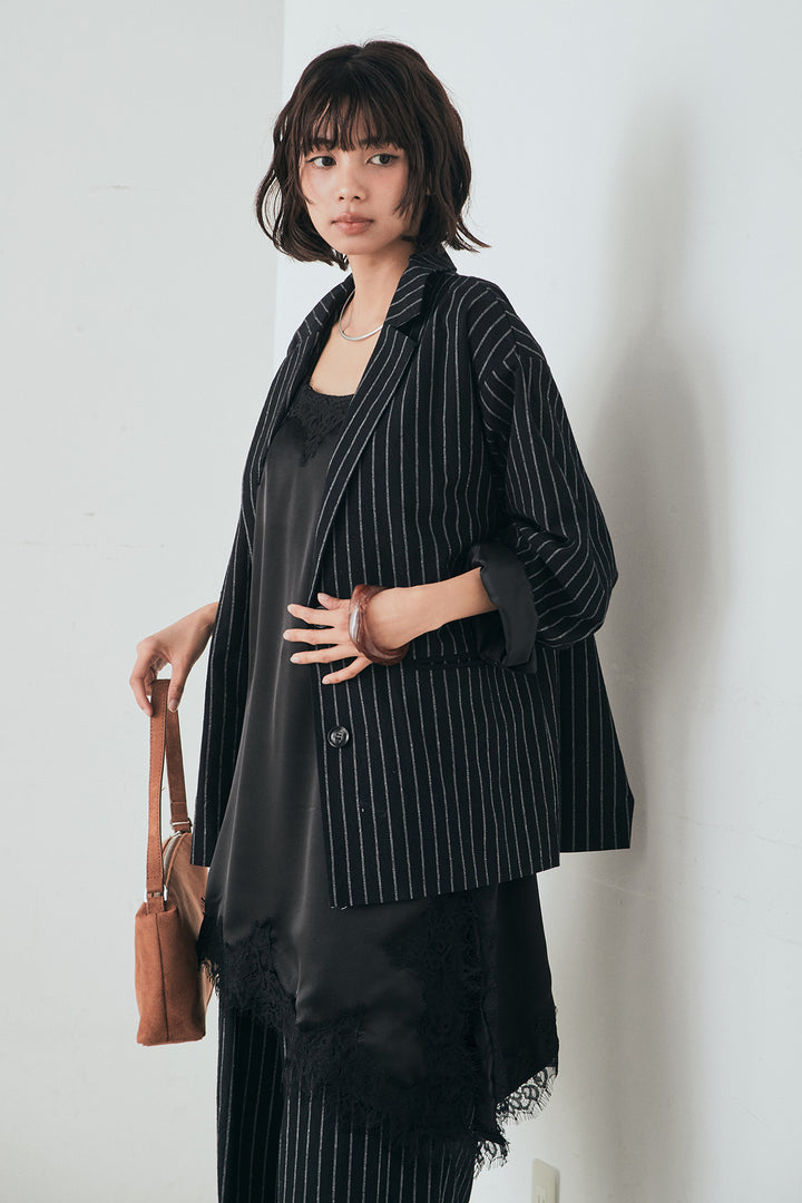[SET]リネンライクストライプテーラードジャケット+リネンライクストライプタックイージーパンツ+サテンレースアシメキャミ(3set)