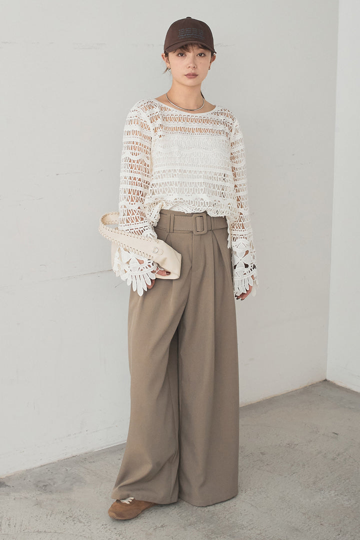 [SET]裾デザインメッシュプルオーバー+ベルト付きツータックワイドパンツ(2set)