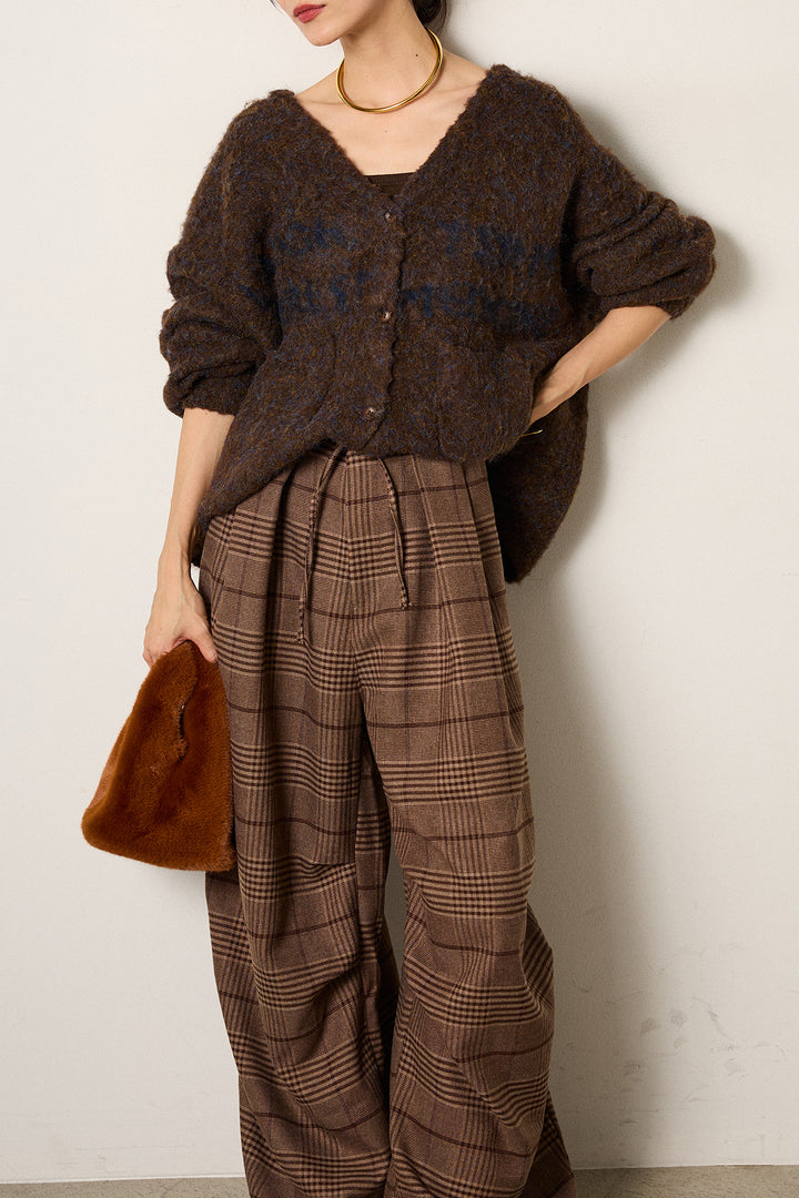 [SET]ウール混透かしロゴニットカーディガン+グレンチェックルーズタックパンツ(2set)