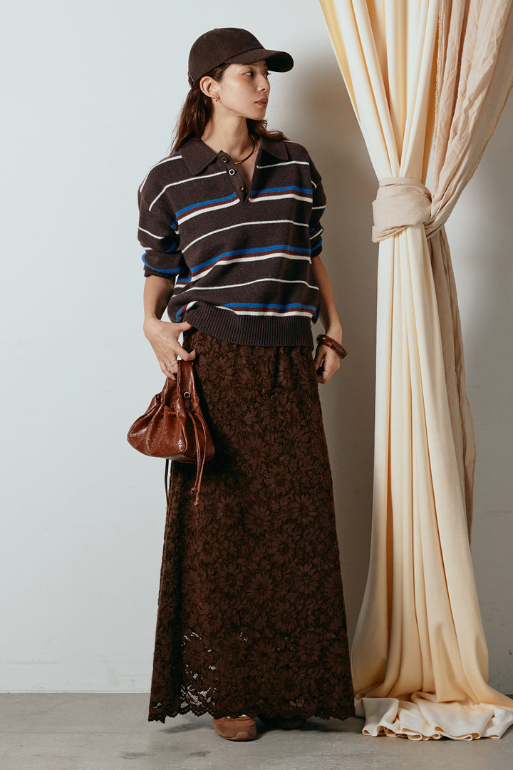 [SET]襟付きマルチボーダーニットポロトップス+花柄刺繍ベロアフレアスカート(2set)