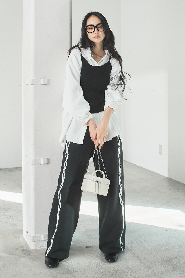 [SET]ニットキャミ付きシャツ+刺繡テープラインパンツ(2set)