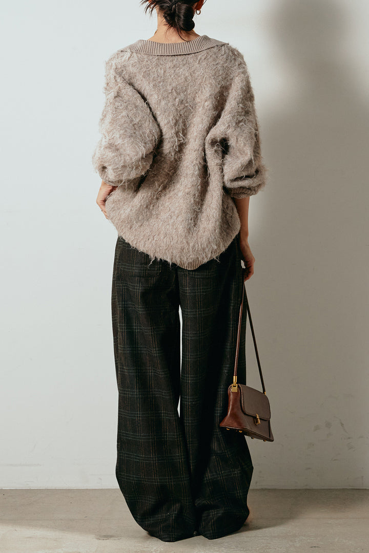 [SET]襟付きシャギーニットポロトップス+タータンチェック柄タックパンツ(2set)