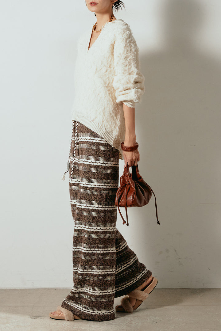 [SET]襟付きシャギーニットポロトップス+マルチライン柄リラックスニットパンツ(2set)