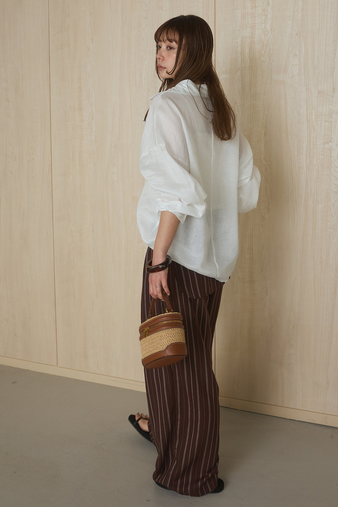 [SET]襟付きボタンブラウス+ウエスト巻きピンストライプパンツ(2set)