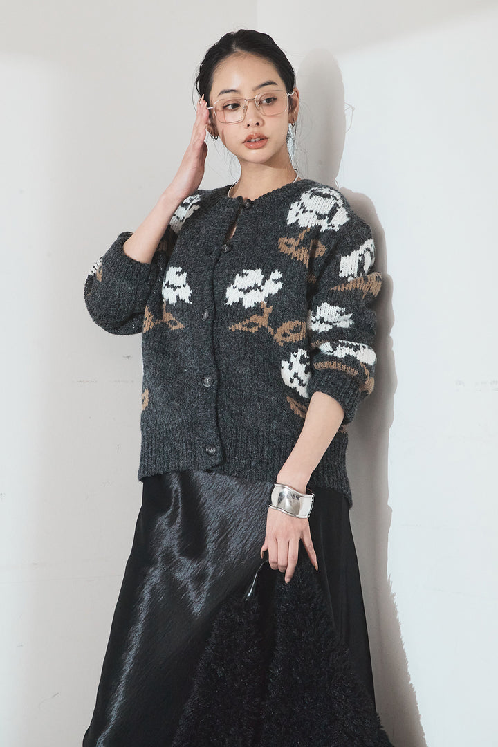 [SET]花柄ジャガードニットカーディガン+裾レースデザインサテンスカート(2set)