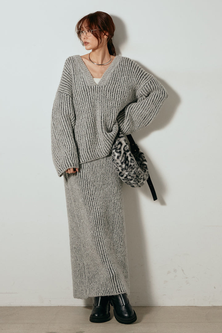 [SET]アルパカタッチ深Vニットトップス+アルパカタッチニットタイトスカート(2set)