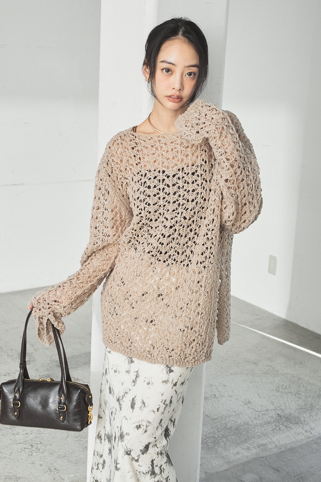 [SET]リラックスメッシュニットトップス+タイダイ柄ベロアワイドスカート(2set)