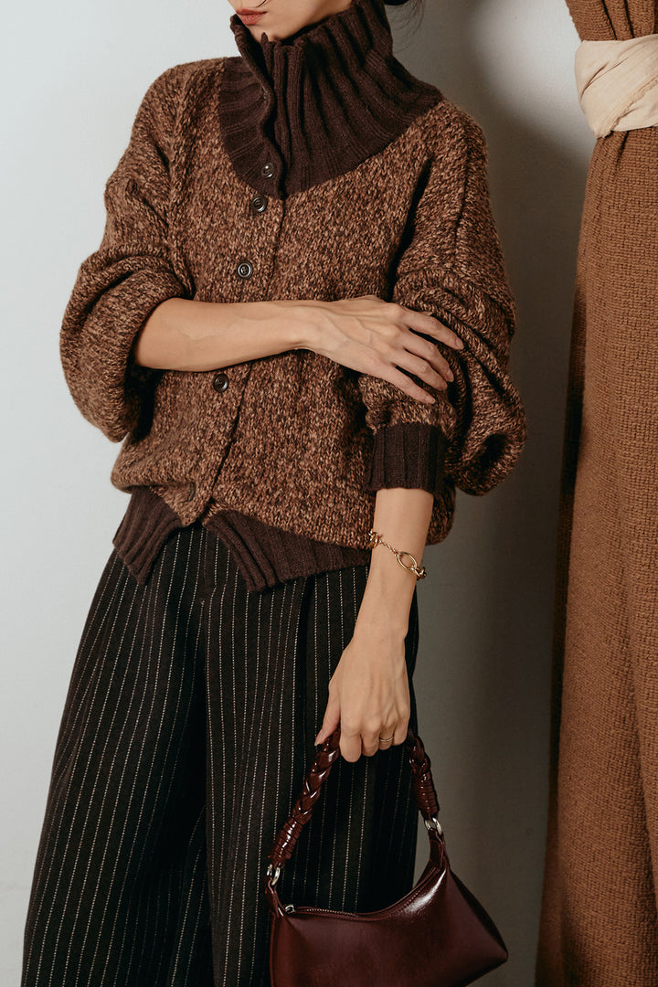 [SET]ハイネックミックスニットカーディガン+ウールライクストライプパンツ(2set)