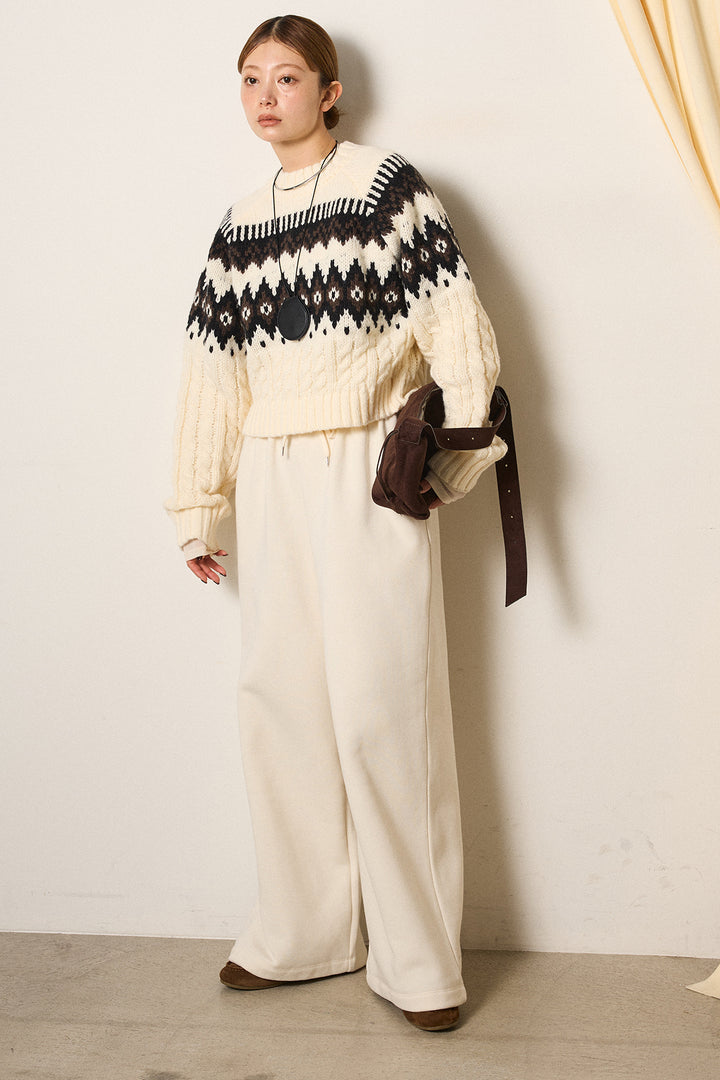 [SET]2WAY求心柄ジャガードショートカーディガン+裏起毛スウェットワイドパンツ(2set)