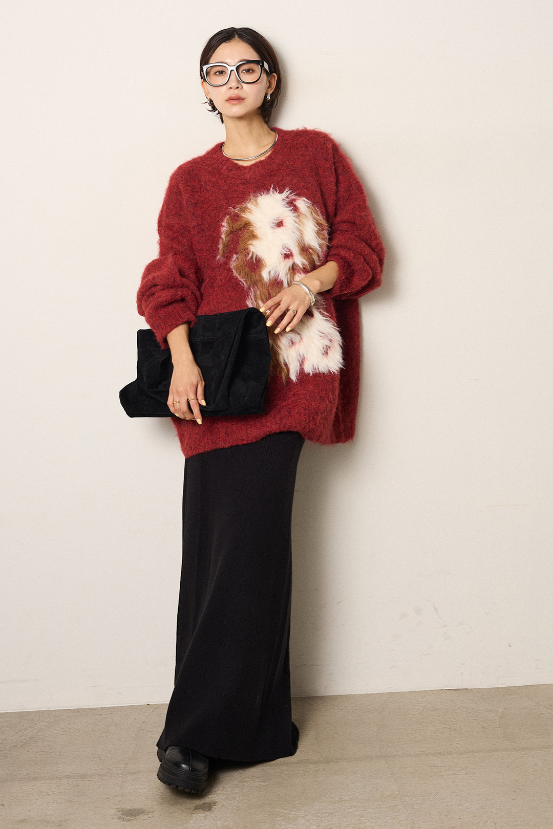 [SET]シャギーニュアンスアニマルニット+リブナローニットスカート(2set)