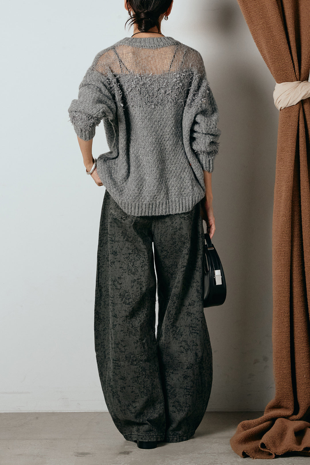 [SET]パターンランダム編みニットトップス+ベルト付きニュアンス柄カーブワイドパンツ(2set)