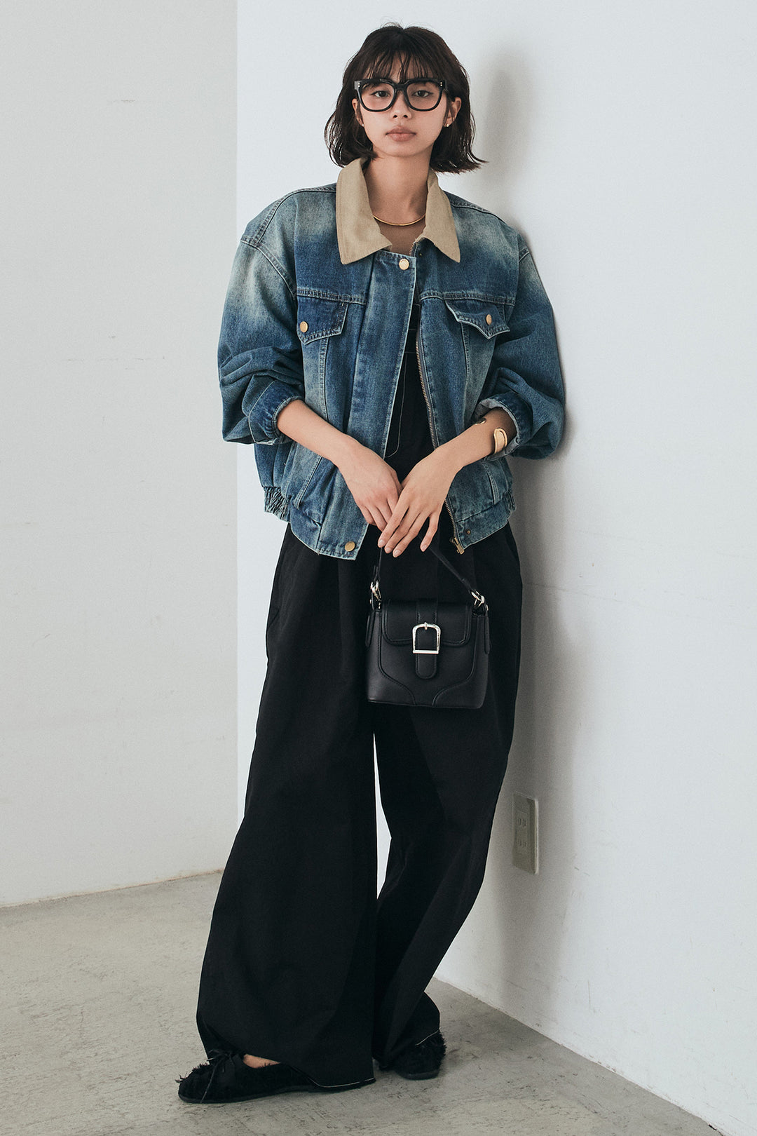 [SET]襟切り替えジップデニムジャケット+綿ツイルアシメサロペット(2set)