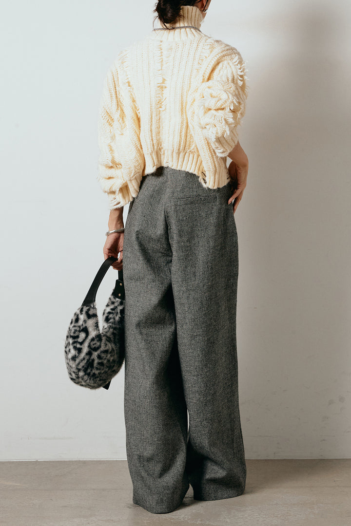 [SET]フリンジタートルショートニット+サイドボタンツイードタックパンツ(2set)