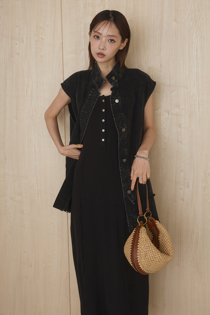 [SET]ケミカルデニムヘムカットオフジレ+ノースリロングワンピース(2set)