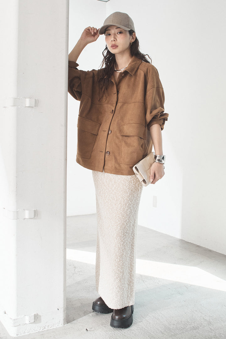 [SET]デカポケスエポンジャケット+ツイード風MIXスラブスカート(2set)